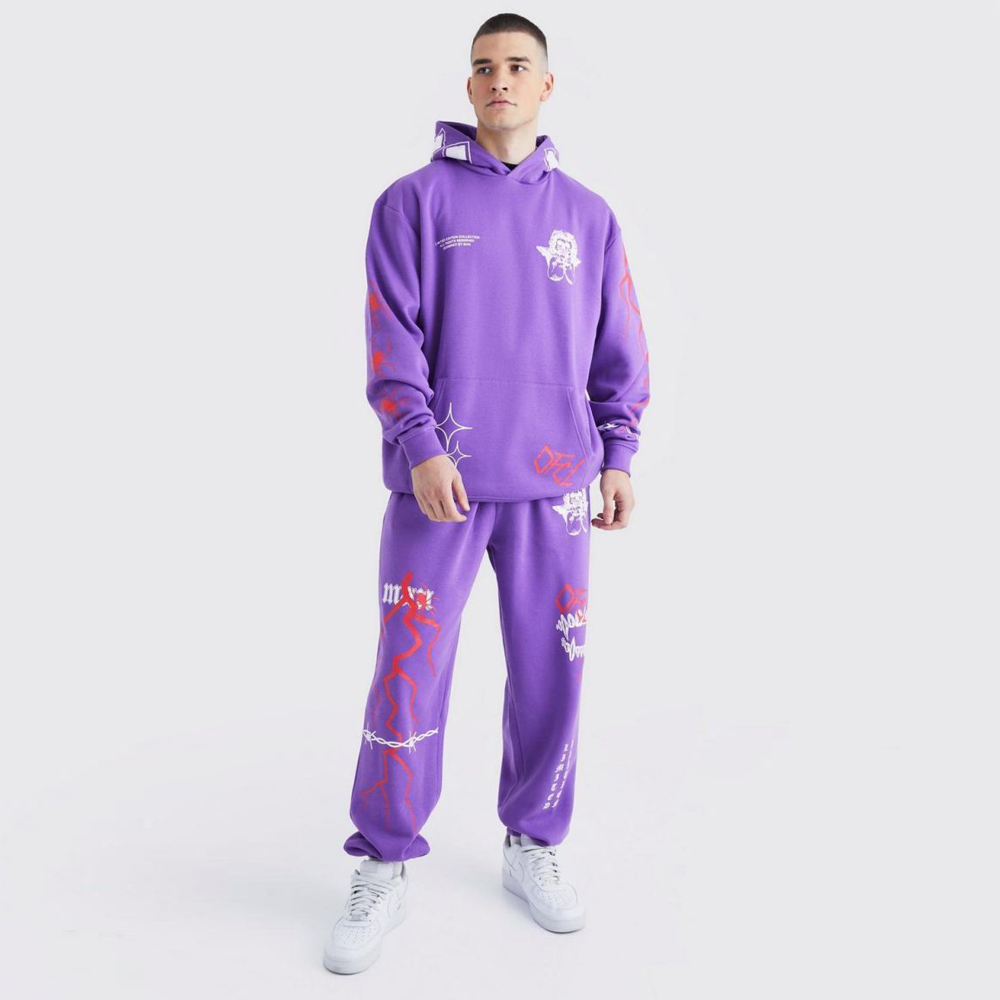 Tall Oversized Embroidred Hooded Tracksuit – Purple